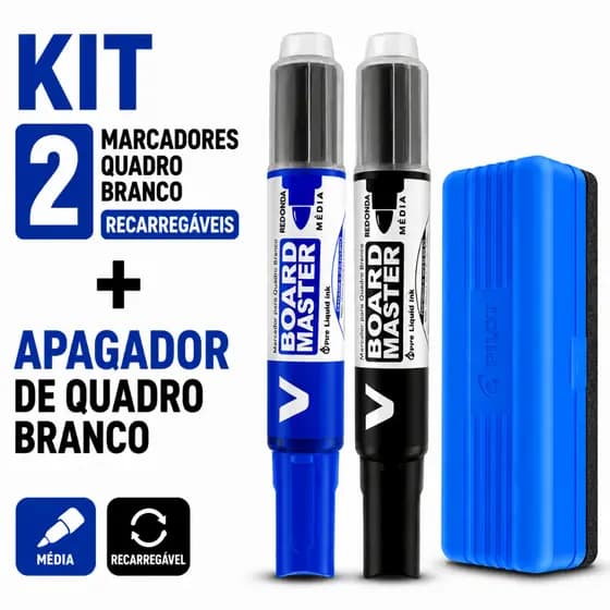 Kit 2 Marcadores Quadro Branco Recarregável + Apagador de Quadro Branco PILOT