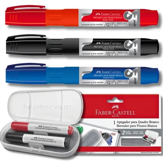 Kit 3 Marcadores Quadro Branco Recarregável + Apagador FABER-CASTELL Azul, Preto e Vermelho