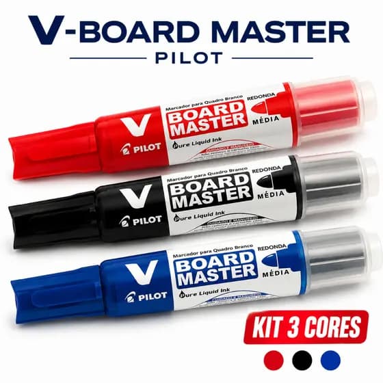 Kit 3 Pincel Marcador Quadro Branco V-Board Master Pilot Azul Preto Vermelho