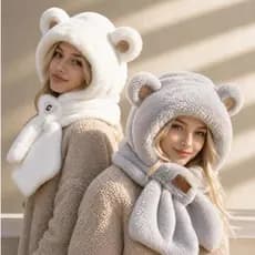 Gorro e Cachecol Kit Touca Feminina Muito quente Pelúcia Forrada Orelhinhas Bichinhos