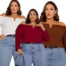 Kit 3 Blusas Ciganinha Plus Size Ombro a Ombro  Modelagem Elegante não amassa do Extra G ao G2