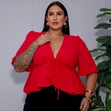 Blusa Feminina Plus Size Duna Decote V com Amarração Manga Bufante Elegante GG ao G3 babado moda grande blusinha