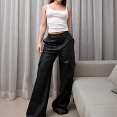 Calça Material Sintético Wide Leg Feminina Relaxed Cargo pantalona despojada larga