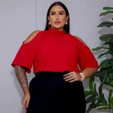 Blusa Feminina Plus Size Duna Ombro Vazado com Gola Alta Elegante Blusinha manga gode padre DO 46 AO 52