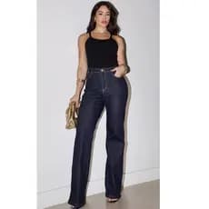 Calça Consciência Jeans Wide Leg Feminina Cintura Alta Básica com Elastano escura moderna estica AMACIADA