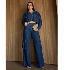 Calça cargo larga qualidade maxima consciencia jeans escura sem elastano ana castela 24651