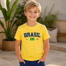 Camiseta Infantil Brasil Unissex Azul Bic 100% Algodão Premium Estampa Copa Seleção Confortável Moda Verão