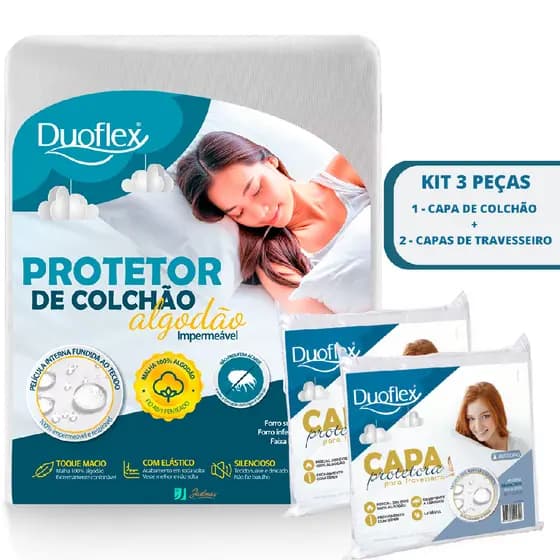 Kit Capa Protetora para Colchão Casal + 2 Capas de Travesseiro Impermeável Duoflex Antiácaro