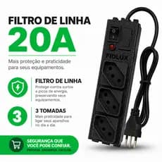 Régua de 3 Tomadas Filtro de Linha 20A  Extensão Elétrica Fiolux Linha de Alimentação C/ Fusível