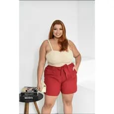 Shorts Feminino Plus Size de Linho Com Bolso e Laço
