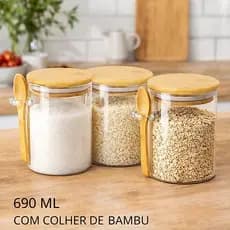 Pote Hermético De Vidro Com Tampa E Colher De Bambu  Com Anel De Silicone Armazenamento AlimentosTempero Cereais Sal
