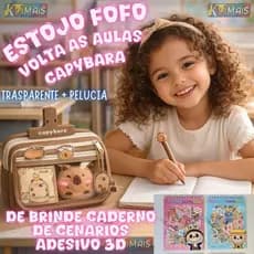 Estojo Escolar Capivara Fofo Transparente com Pelúcia Volta as Aulas com Zíper Impermeável + Brinde Cenarios Adesivo 3D