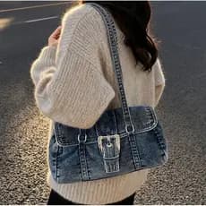 Bolsa de ombro feminina de tamanho médio com Material jeans azul, bolsa Diagonal, sacola portátil de grande capacidade
