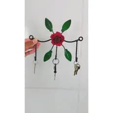 Porta-Chaves Em Ferro Com Rosa Vermelha 3 Ganchos Ferro Decoração Suporte Ganchos
