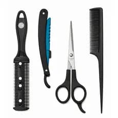 Kit Barbeiro Profissional 4 Peças - Aço Inox Premium (Tesoura, Navalhete, Navalha e Pente)