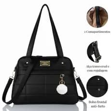 Bolsa Feminina Transversal 2 Divisorias e 2 Alças + Chaveiro Pom Pom Espaçosa Trabalho Dia a Dia