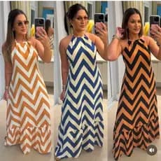 Vestido Feminino Longo Costa Nua Com Bojo Tecido Duna Estampada Zig Zag Elegante