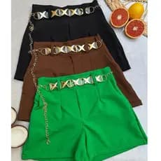 Short Feminino Estiloso Alfaiataria Cintura Alta  com Cinto Corrente Tendência Verão 2025 - PROMOÇÃO