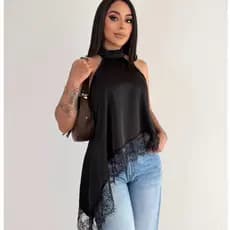 Blusa Feminina Gola Alta Assim茅trica  Frente 脷nica Com Renda Bata sofisticada Elegante Tend锚ncia Inverno