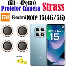 Kit (4 Pecas) Película Câmera Strass Note 15(4G/5G) Redmi Protetor Lente Colorido Brilhante