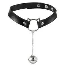 Coleira Couro Gatinho com Pingente Guizo Choker Gargantilha