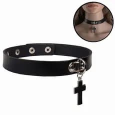 Gargantilha Gótico Pingente Cruz Colar Punk Rock Prata Choker Couro Moda