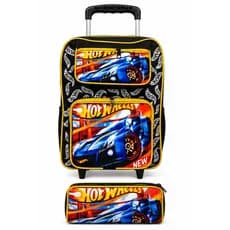 Kit Mochila Infantil Hot Wheels Grande de Carrinho + Estojo Duplo Escolar Menino