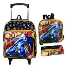 Kit Mochila Infantil com Rodinhas + Lancheira + Estojo Hot Wheels Pequena Escolar Resistente