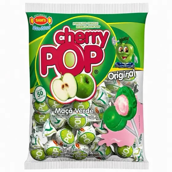 50un Pirulito Cherry Pop Maça Verde Recheio Chiclete 700grs