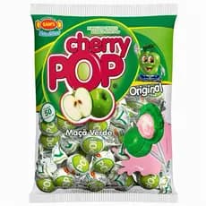 50un Pirulito Cherry Pop Maça Verde Recheio Chiclete 700grs