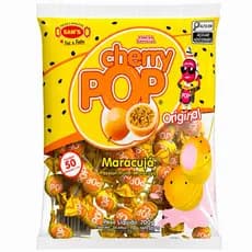 50un Pirulito Cherry Pop Maracujá Recheio Chiclete 700grs