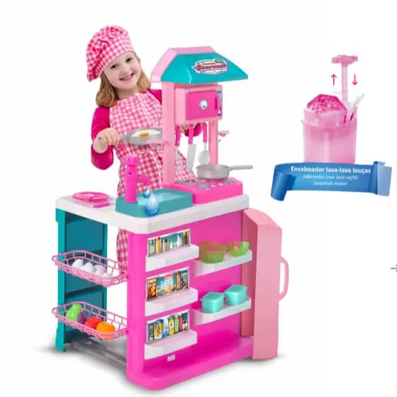 Cozinha Infantil Gourmet Rosa Magic Toys - Realista e Divertida com Torneira Funcional e Acessórios Inclusos