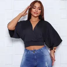 blusa  Envio Rápido transpassada cropped feminino decote v manga morcego
