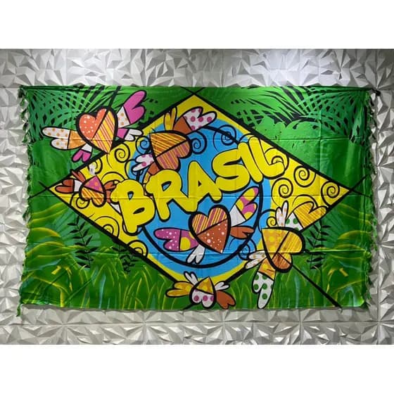 Canga de Praia Grande Bandeira do Brasil Amor Romero Britto Tecido Em Poliéster