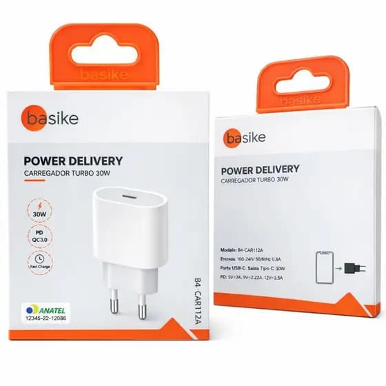 Fonte Carregador 30W Tipo C Basike | Turbo PD para iPhone Samsung Xiaomi | BA-CAR112A