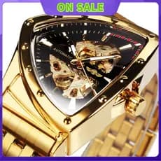 relogio Tempo limitado especial!!! T-WINNER  Relógio De Pulso Triângulo WINNER Gold Black Skeleton Para Homens Mecânico Automático De Luxo Irregular De Aço Inoxidável