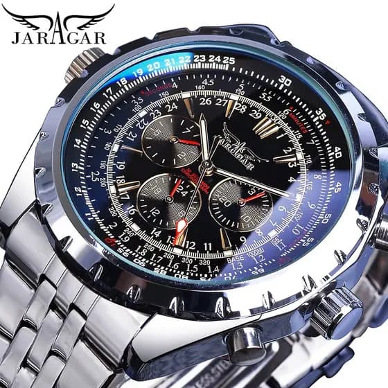 Jaragar Blue Glass Design Black Silver Automatic Watch Stainless Steel Date Clock Luminous Men Mechanical Wristwatch