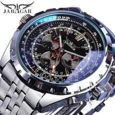 Jaragar Blue Glass Design Black Silver Automatic Watch Stainless Steel Date Clock Luminous Men Mechanical Wristwatch