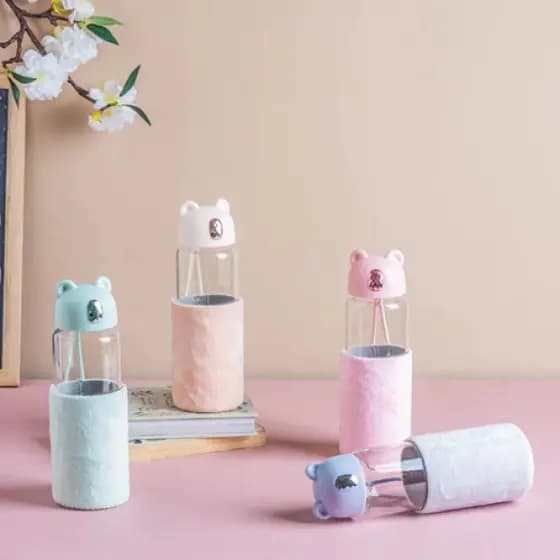 Garrafa De Vidro Bear Bottle Com Capa De Veludo Com Tampa e Alça