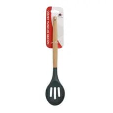 Colher Vazada De Silicone Com Cabo De Madeira 31,5cm