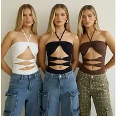 Body Feminino sexi Tiras Recortes Ajustável Preto Branco Vermelho Marrom Estilo Gringa Festa Balada