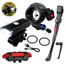 Kit Acessório Bicicleta Farol Sinalizador Recarregável Pezinho Descanso Lateral Trava De Aço Cadeado