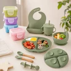 Kit Alimentação Refeição Silicone 8 Peças Conjunto Infantil Potes Herméticos Bebe