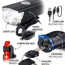 Kit 1 Cadeado Aço Reforçado Farol Lanterna USB Bike
