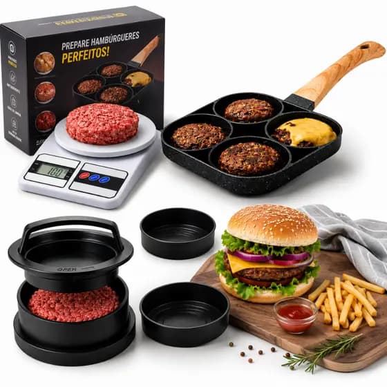 Kit Hamburguer Forma Caseiro Artesanal Molde Prensa Balança Digital Frigideira Anteaderente