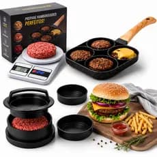 Kit Hamburguer Forma Caseiro Artesanal Molde Prensa Balança Digital Frigideira Anteaderente