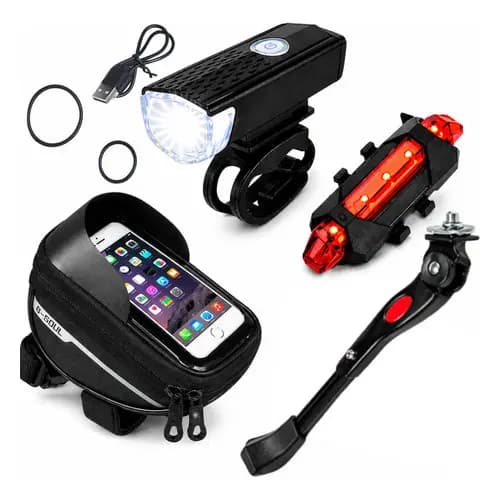 Kit Bike Farol Lanterna Bolsa Guidão Descanso Pezinhos