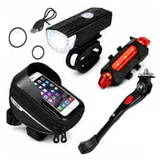 Kit Bike Farol Lanterna Bolsa Guidão Descanso Pezinhos