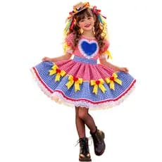 Vestido Caipira Junino Infantil São João Quadriculado Vermelho e Azul 0050I Envio Já Super Confortável