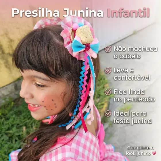 Kit De Presilhas Feminino Junino Caipira Na Cor Rosa Acessório Temático Para Festa São Joao